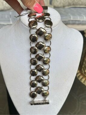 Chico’s Silver Tone Hammered Magnetic Closure Statement Bracelet NWOT
